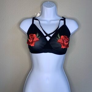 Black Strappy Bralette with rose appliqué